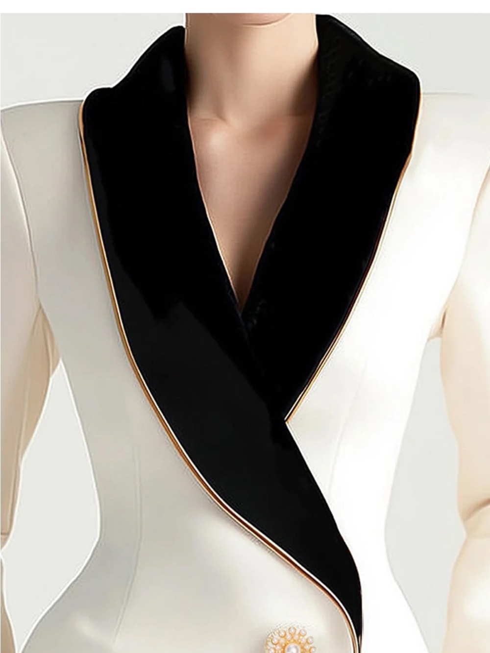Asymmetric white blazer with contrast lapels for women | Valmera - Picture 2 of 6